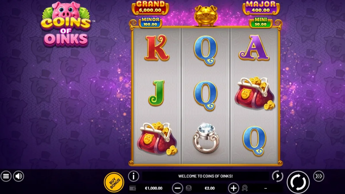 Tela de jogo do slot Coins of Oinks com porcos luxuosos e moedas douradas