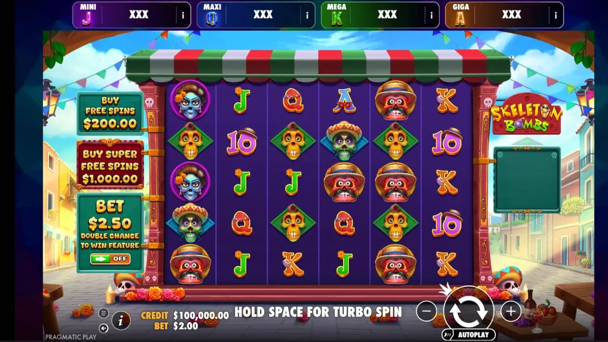 Cena vibrante do jogo de slot Skeleton Bombs com caveiras mexicanas coloridas