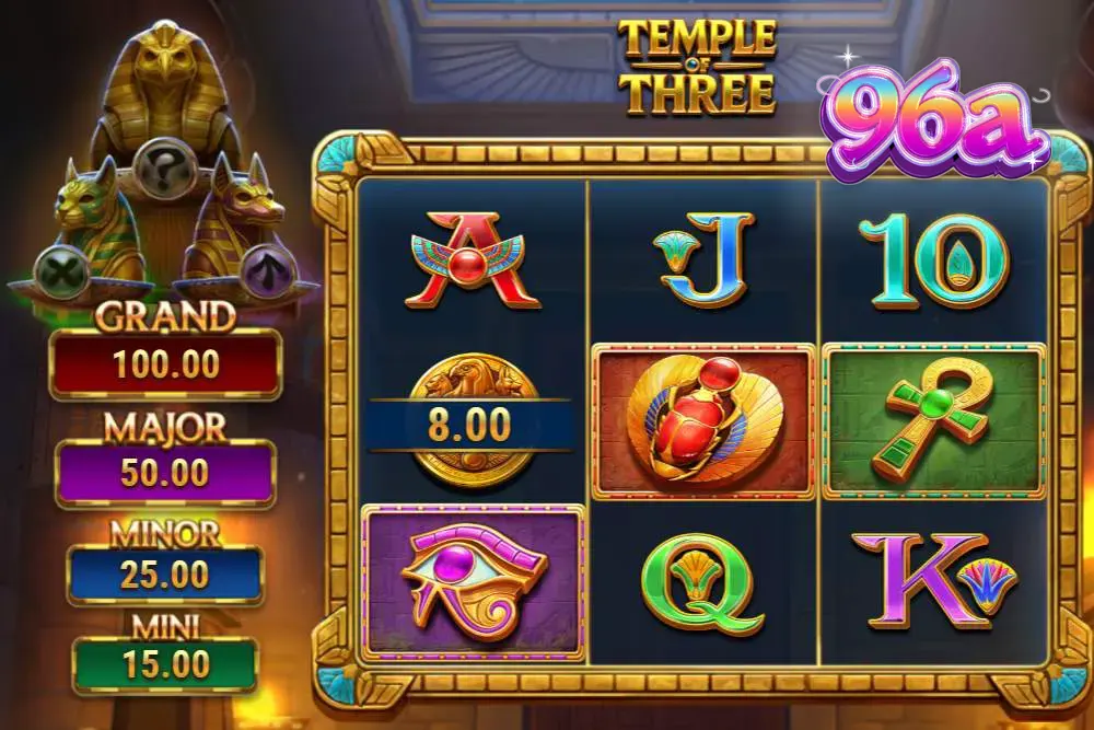 Interface do jogo Temple of Three com tema egípcio